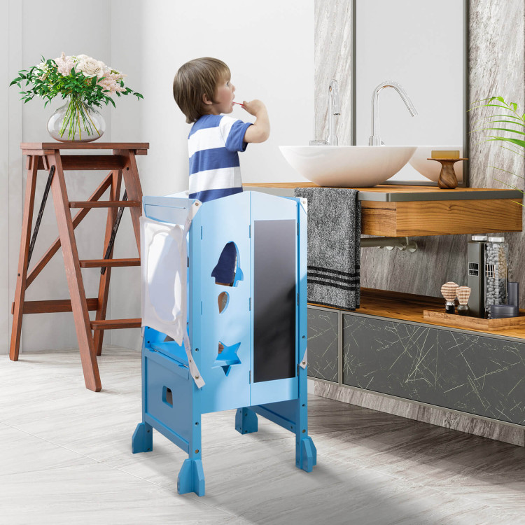 Wooden Folding Kids Kitchen Step Stool with 2-Level Adjustable Height-BlueCostway Gallery View 2 of 9